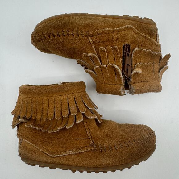 Minnetonka Double Fringe Side Zip Bootie Brown Suede Leather Little Kids US 5 - Picture 11 of 14